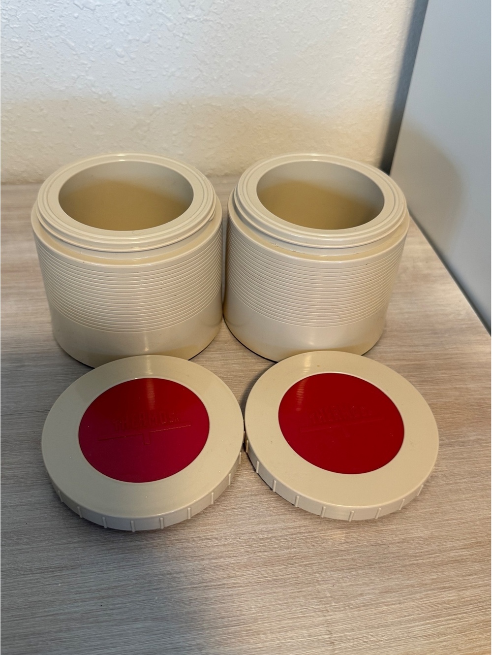Vintage Pair of Thermos Insulated Food Jars with Red and Cream Lids